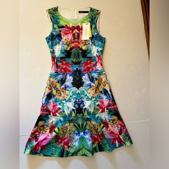 Karen Millen tropical print sleeveless scuba skater dress multi NWT Sz-4 T1 - Picture 7 of 15